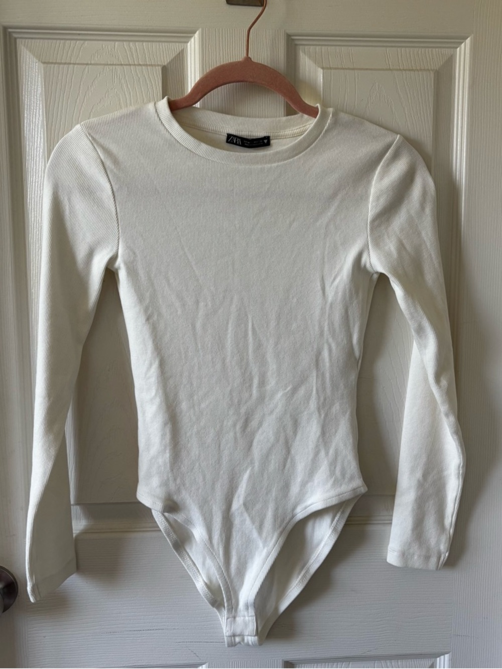 Zara Cream Ribbed Long Sleeve Crew-Neck Bodysuit